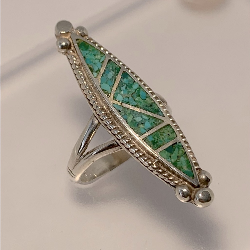 STERLING SILVER & INLAID TURQUOISE RING, SIZE 8
